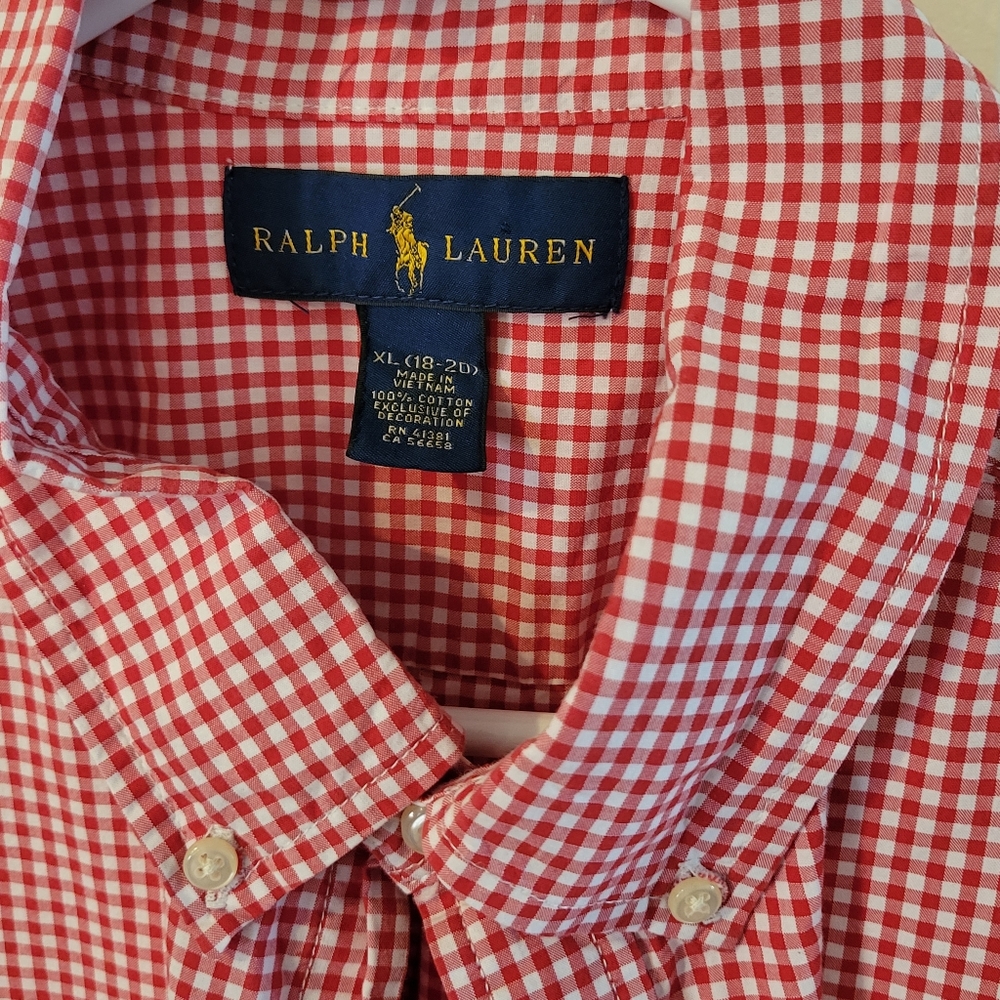 Ralph Lauren Youth XL Dress Shirt - Sz 18 - 20 Red And White Checked Shirt - Picture 2 of 4